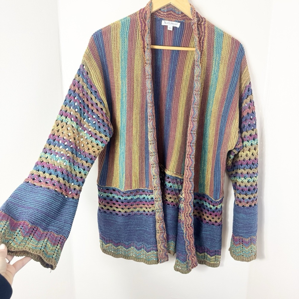 Open Knit Rainbow Cardigan Sweater Crochet Bell Sleeve Women L Beach Boho Indie